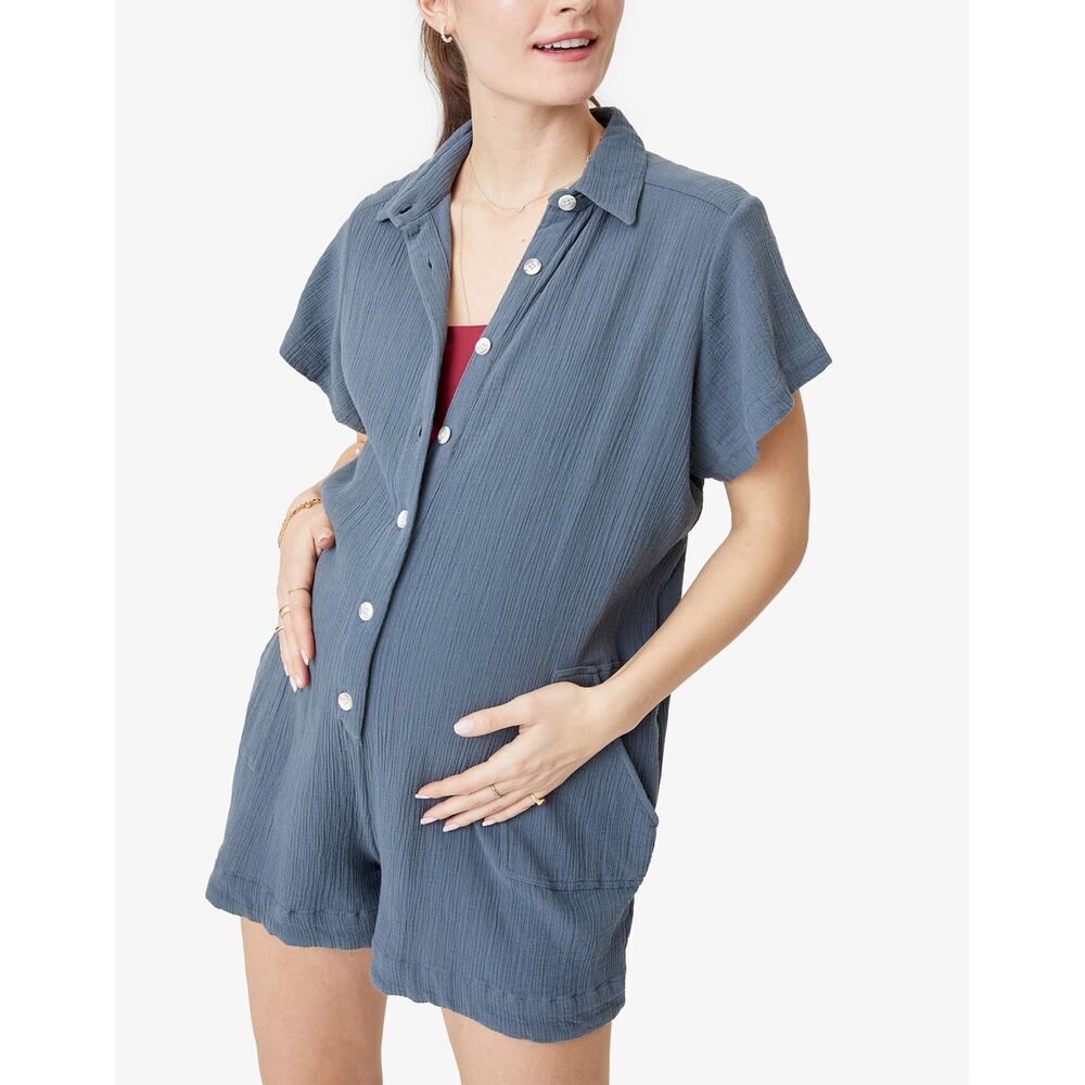 HATCH Collection The Lenora Romper Blue Gray 100% Cotton Gauze Maternity SZ M
